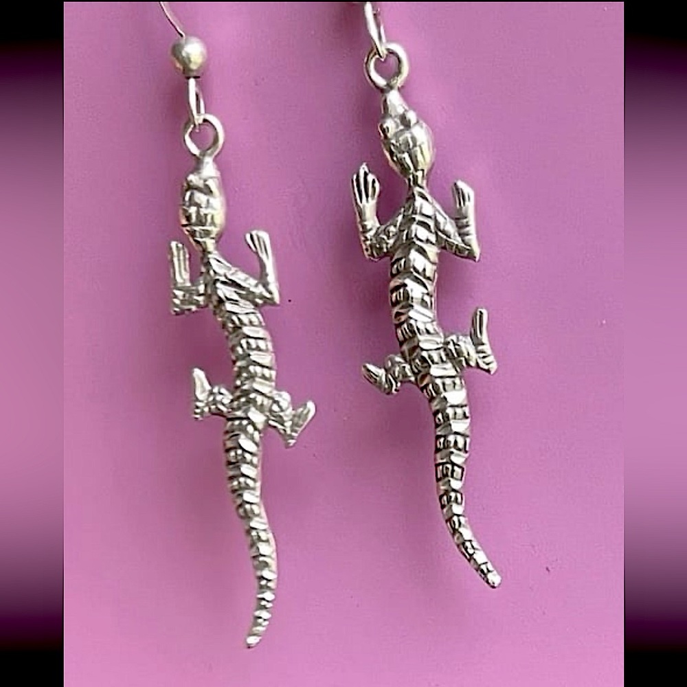 Vintage Boho Diamond Cut Sterling Silver Lizard Dangle Earrings
